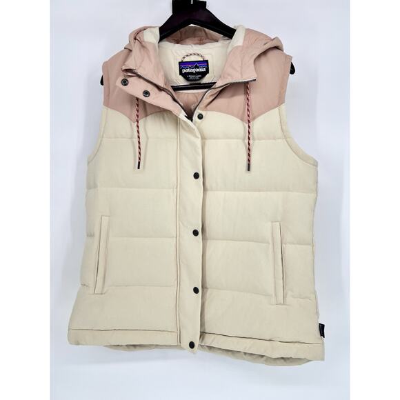 Patagonia Bivy Hooded Vest Cream/Pink Women’s Size Large Duck Down Warm Outdoors - Picture 1 of 12